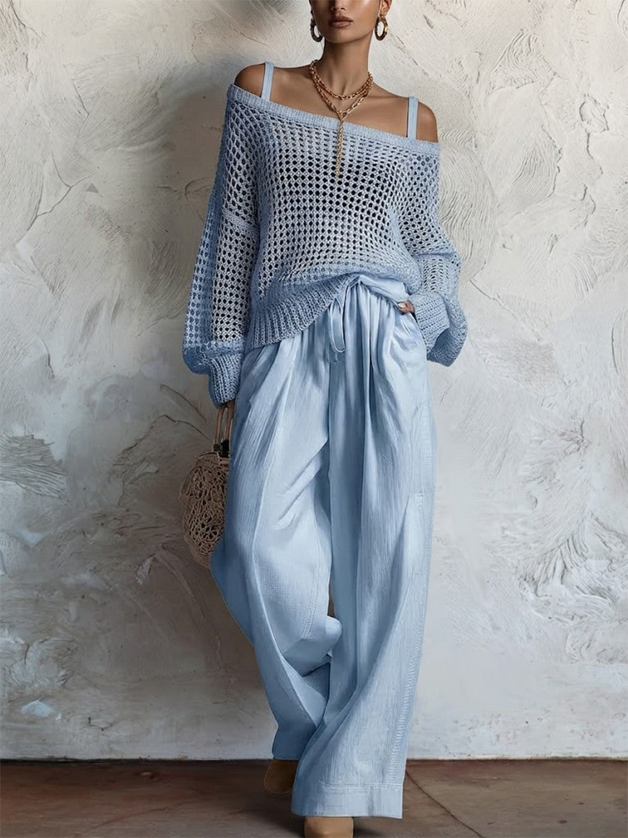 Two-piece Set: Open-knit Top And Cotton-linen Trousers