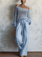 Two-piece Set: Open-knit Top And Cotton-linen Trousers