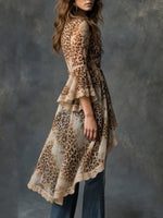 Boho-style Vintage Chiffon Top With Leopard Print Panels And Lace Trim.