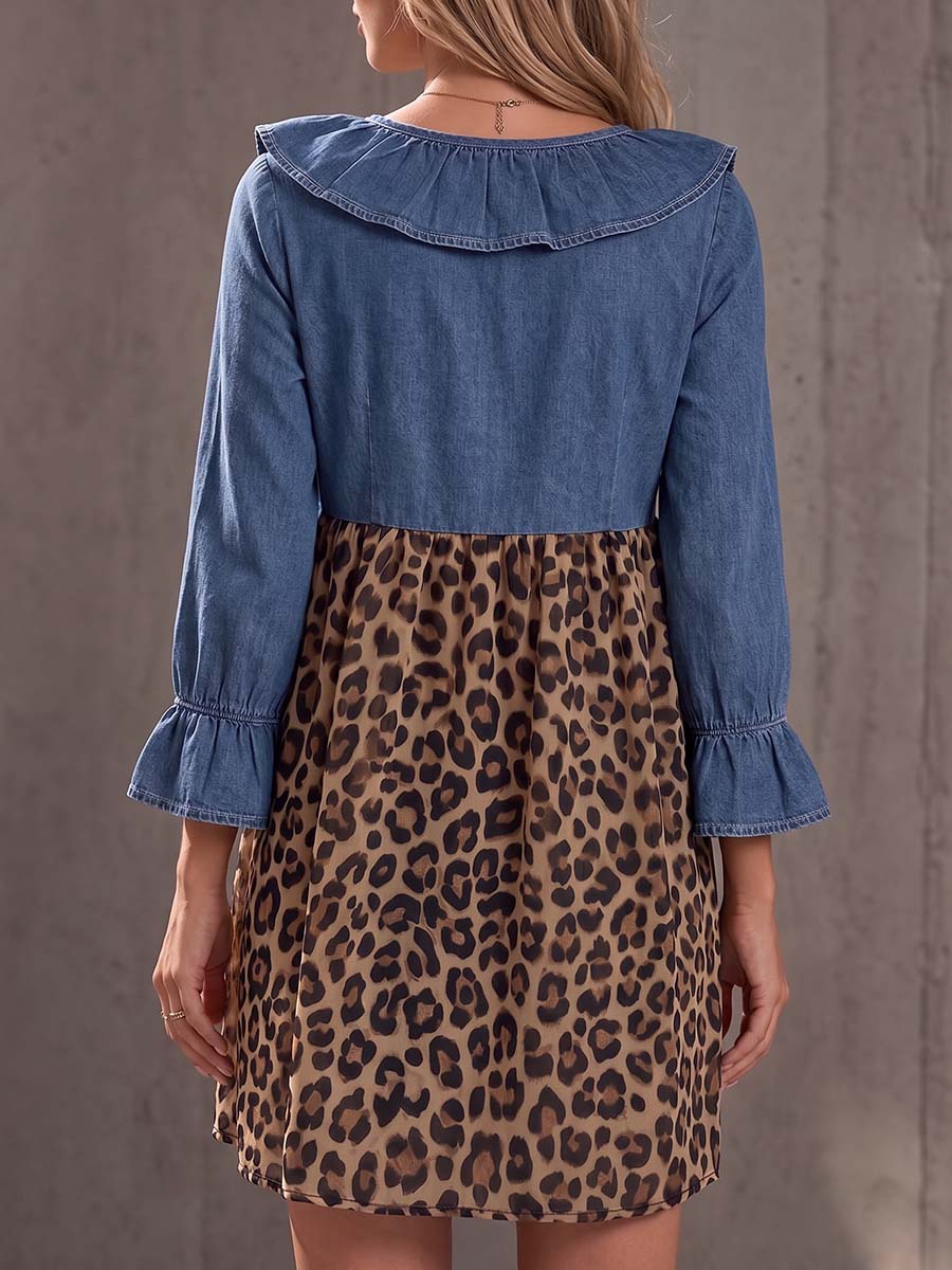 Women's Ruffled V-neck Three-quarter sleeve Casual Loose Denim Patchwork Leopard Print Top