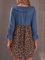 Women's Ruffled V-neck Three-quarter sleeve Casual Loose Denim Patchwork Leopard Print Top