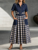 Vintage Denim Yoke & Plaid Patchwork Shirt Dress With Belt