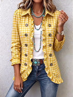 Chic Green Gingham Ruffled Button-Down Jacket