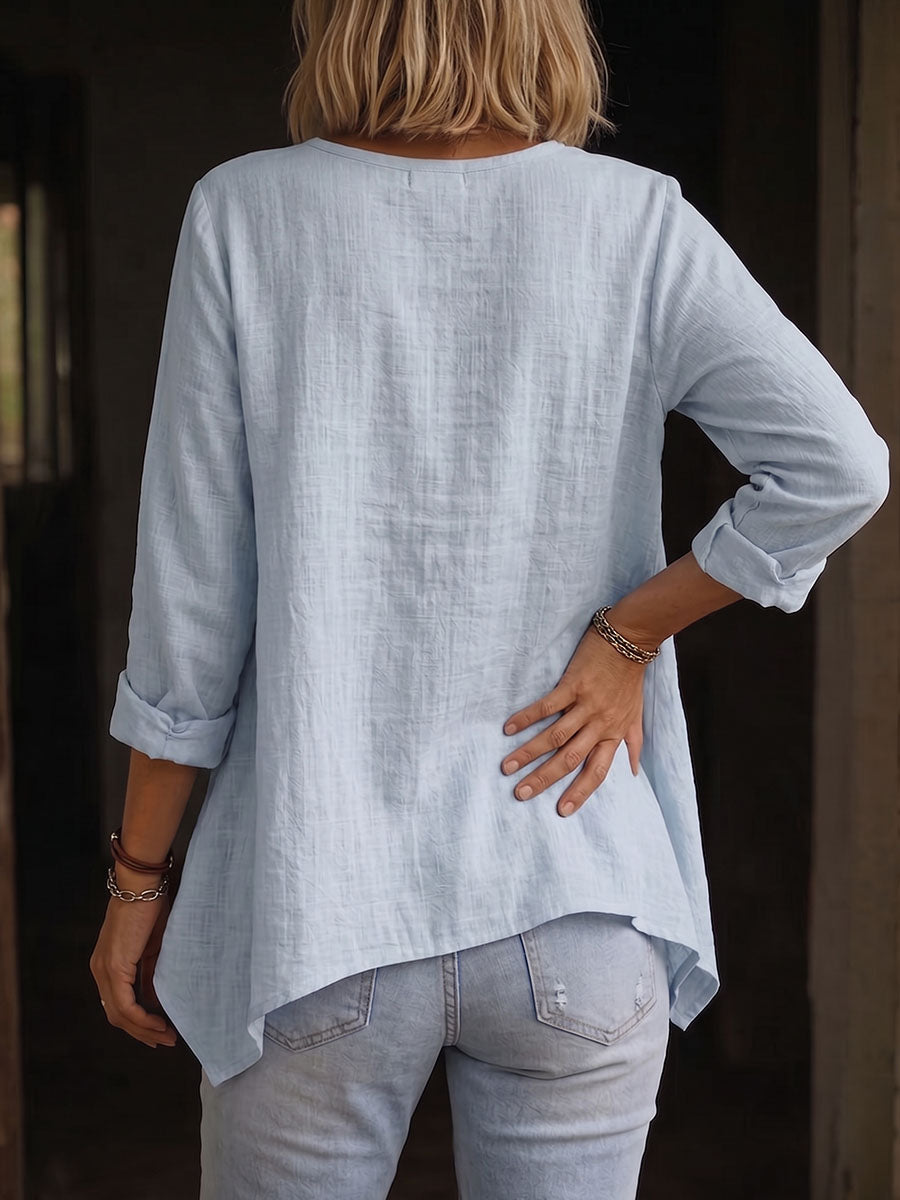 Women's solid color round neck long-sleeved casual loose pleated cotton and linen top
