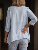 Women's solid color round neck long-sleeved casual loose pleated cotton and linen top
