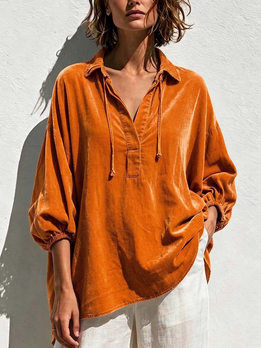 Women's Solid Color Pullover Collared 3/4 Sleeve Casual Loose Velvet Top