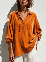 Women's Solid Color Pullover Collared 3/4 Sleeve Casual Loose Velvet Top