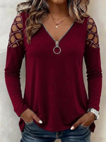 O-ring Zip V-neck Rhinestone Cutout Cold Shoulder Long Sleeve Top