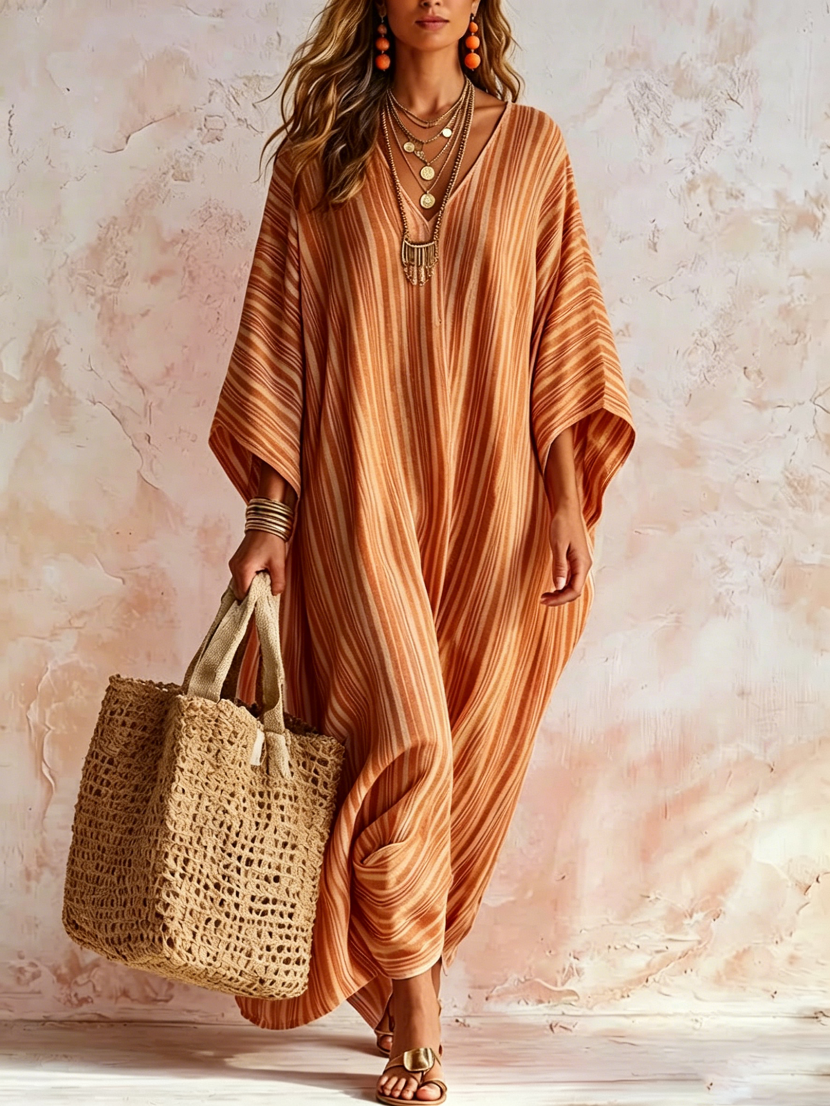 Vertical-striped Deep-v Loose Batwing-sleeve Long Beach Cover-up Dress