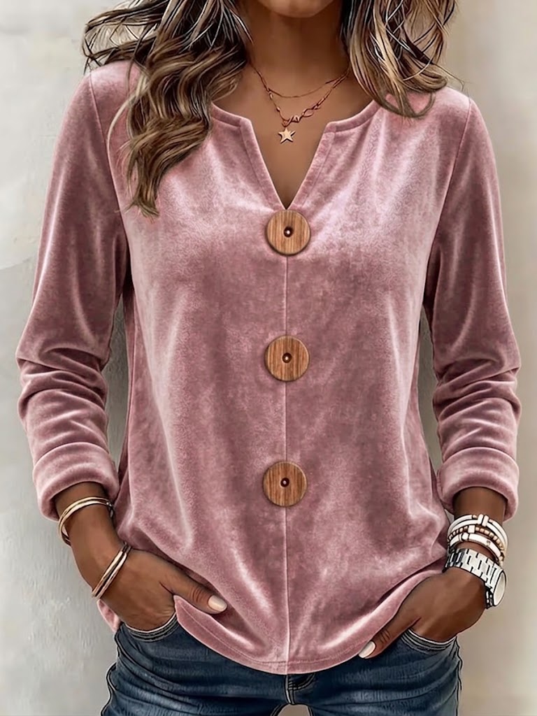 V-neck Button-front Long-sleeve Velvet Top