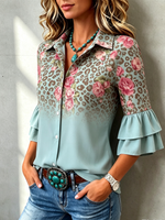 Boho Floral & Leopard Ruffled Button-down Three-quarter Sleeves Shirt
