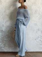 Two-piece Set: Open-knit Top And Cotton-linen Trousers