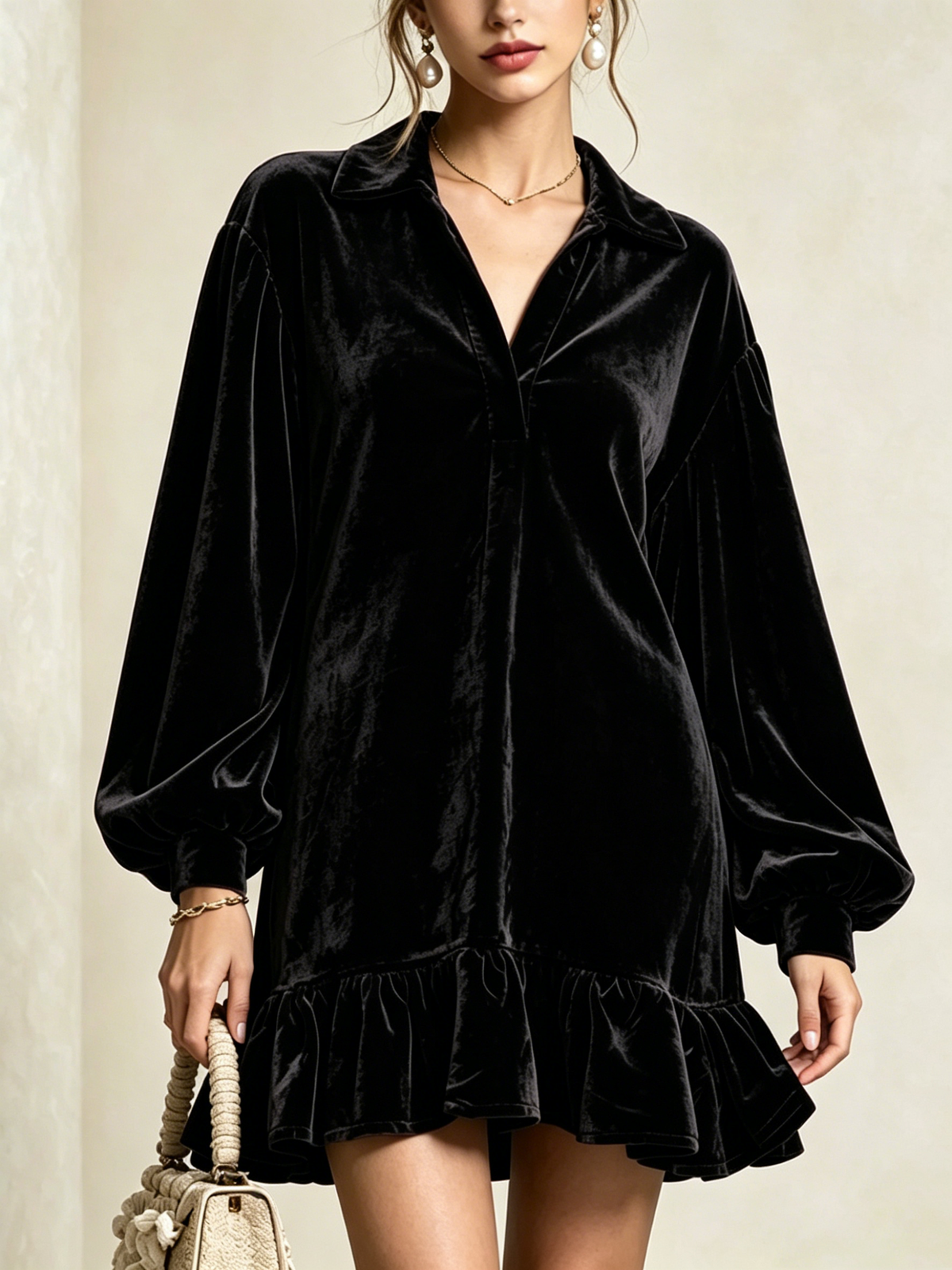 Velvet Loose-fit Mini Dress Featuring A Lapel Collar, Partial Button Placket, Lantern Sleeves, And A Ruffled Hem
