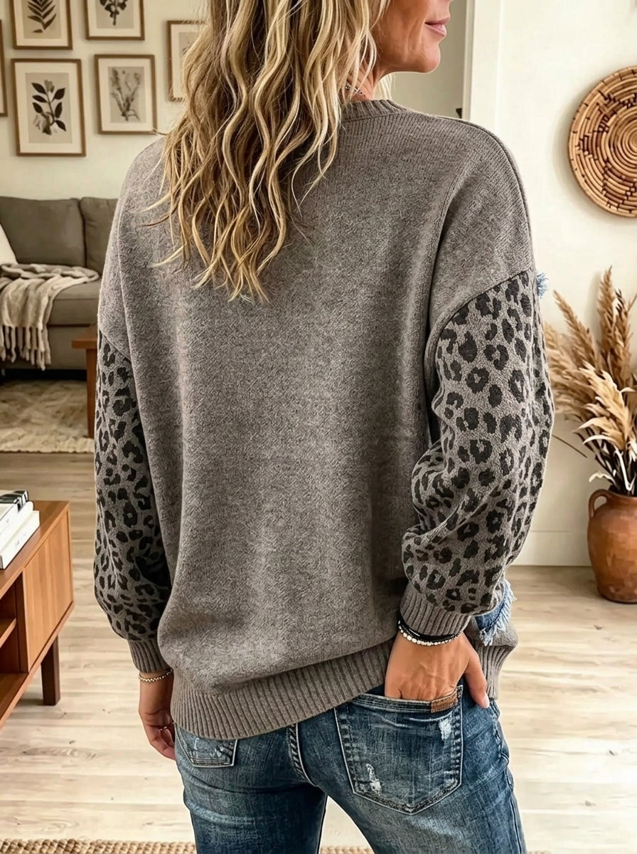 Women's Denim Christmas Tree Leopard Patchwork Sweater