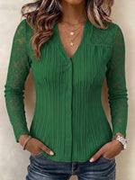 V-neck Vertical Texture Fitted Lace Spliced Long Sleeve Button Blouse