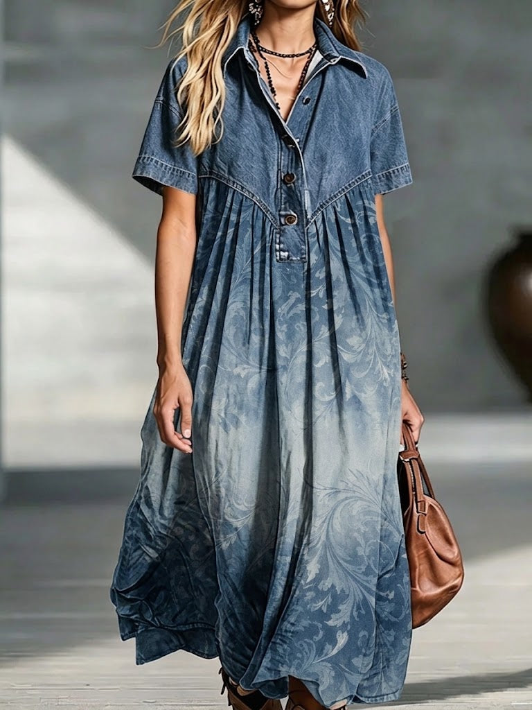 Vintage-style Denim Patchwork Midi Shirt Dress With Gradient Scrolling Vine Print.