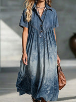 Vintage-style Denim Patchwork Midi Shirt Dress With Gradient Scrolling Vine Print.