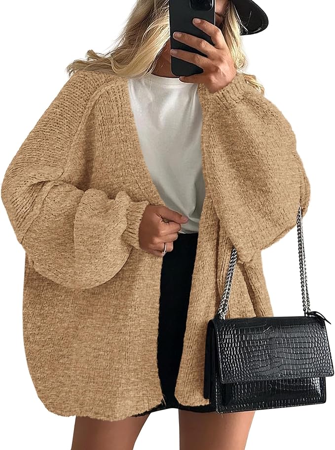 Long Lantern Sleeve Knit Open Front Lightweight Sweater