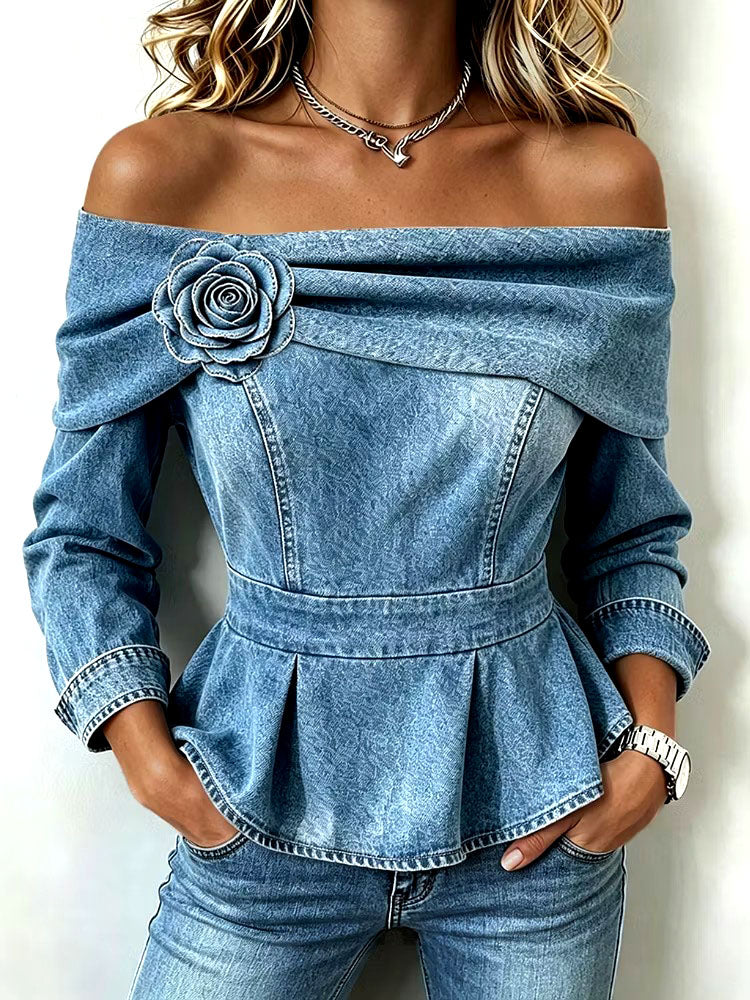 Chic Off-shoulder Denim Peplum Top
