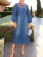 Women's Round Neck Long Sleeve Casual Loose Denim Dress