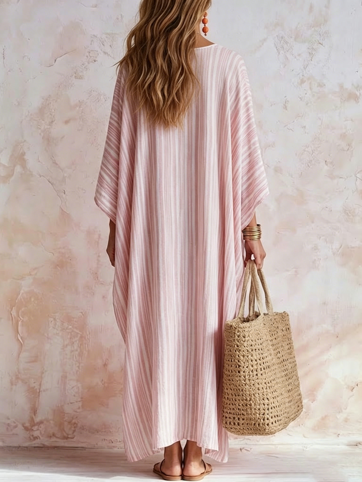 Vertical-striped Deep-v Loose Batwing-sleeve Long Beach Cover-up Dress