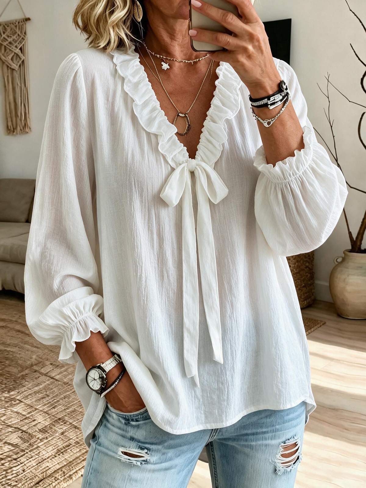 Elegant White Tie-Neck Blouse with Ruffle Trim