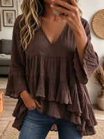 Women Blue Cotton Linen Tiered Ruffle Bell Sleeve Loose Babydoll Blouse