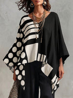 Women's Polka Dot & Geometric Print V-neck 3/4-sleeve Casual Loose Cotton-linen Top