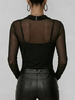 Women's Swing Neck Long-sleeved Casual Loose-fitting Sheer Mesh Top