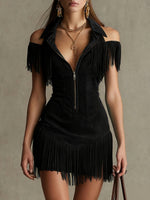 Women Teal Cold Shoulder Fringe Faux Suede Western Mini Dress