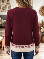 Women's Cute Cat Print Crew Neck Sweater, Vintage Snowflake Heart Pattern Long Sleeve Knit Pullover