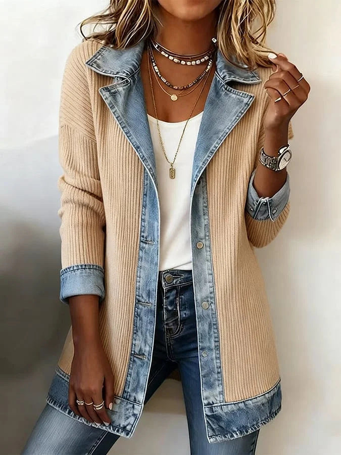 Casual Paneled Ribbed Cotton-blend Denim Jacket