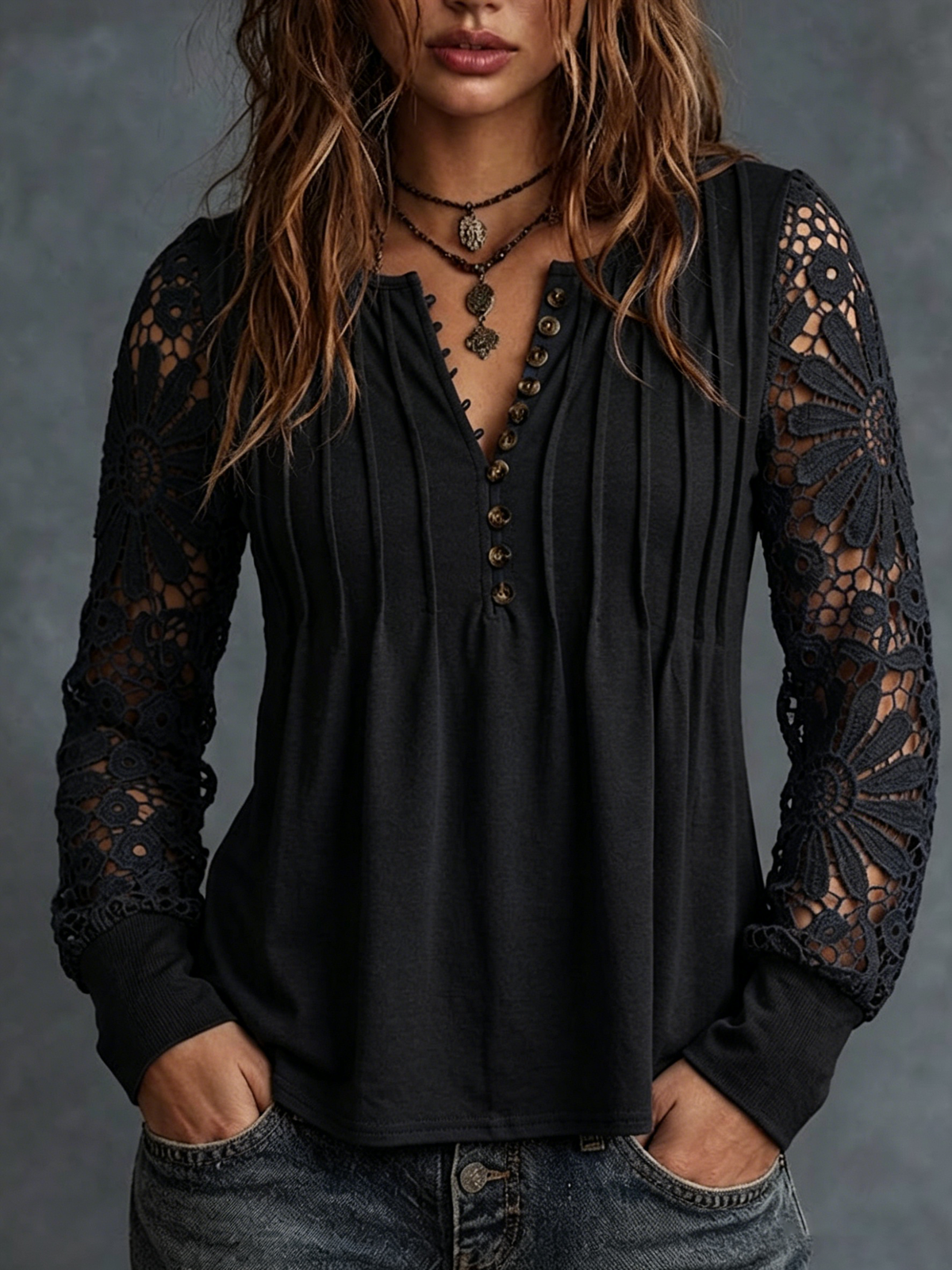 Solid-color Long-sleeve V-neck Pleated Top With Lace Cutouts
