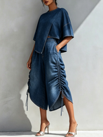 Chic Ruched-side Cropped Denim Wide-leg Culottes