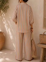Women's Striped Print Casual Loose Top And High-waisted Wide-leg Pants Cotton Linen Set