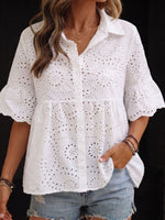 Romantic Breezy White Eyelet Button-up Blouse