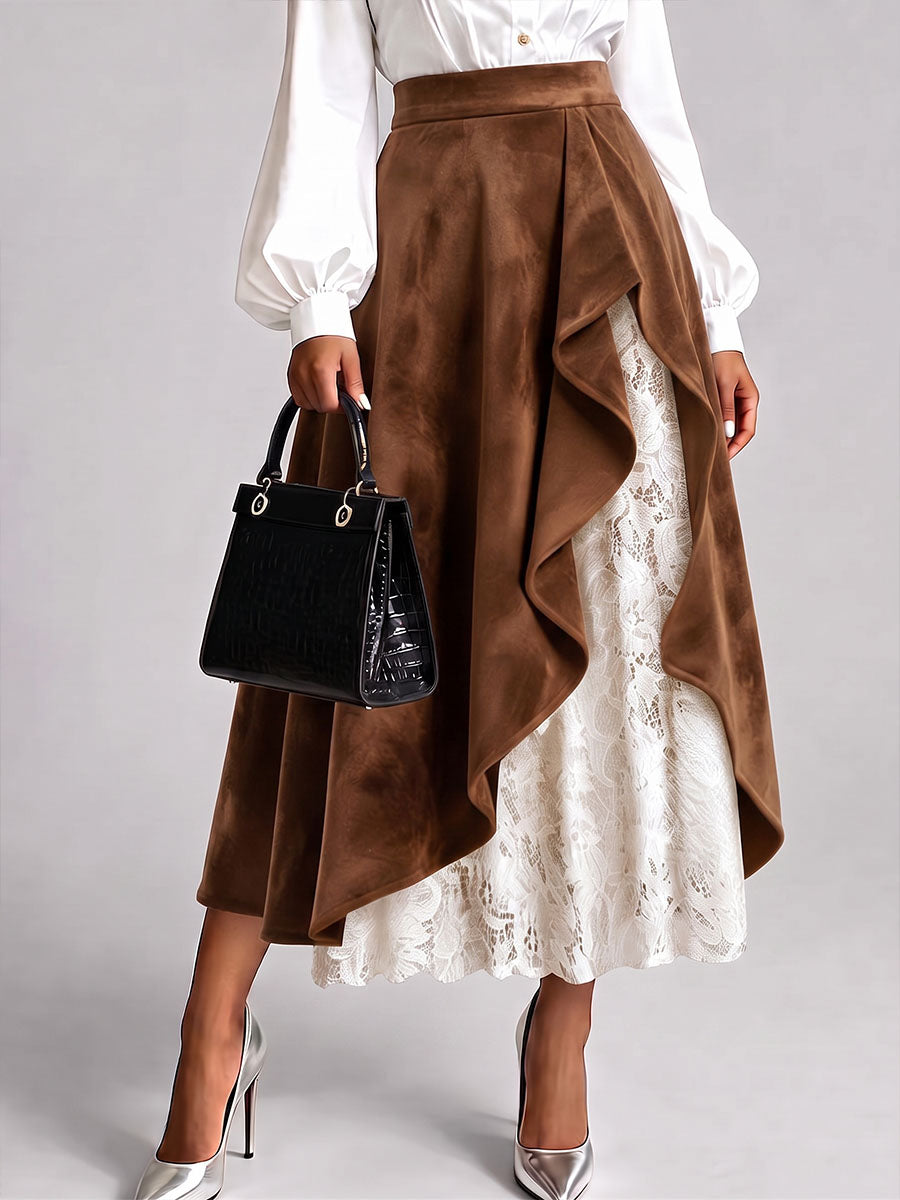 Women's High-waisted Casual Loose-fitting Faux Suede And Lace A-line Skirt