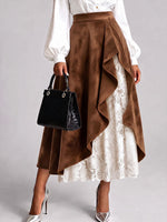 Women's High-waisted Casual Loose-fitting Faux Suede And Lace A-line Skirt