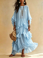 Round-neck, Batwing-sleeve, Tiered-ruffle, Sheer-textured Maxi Dress For Vacation