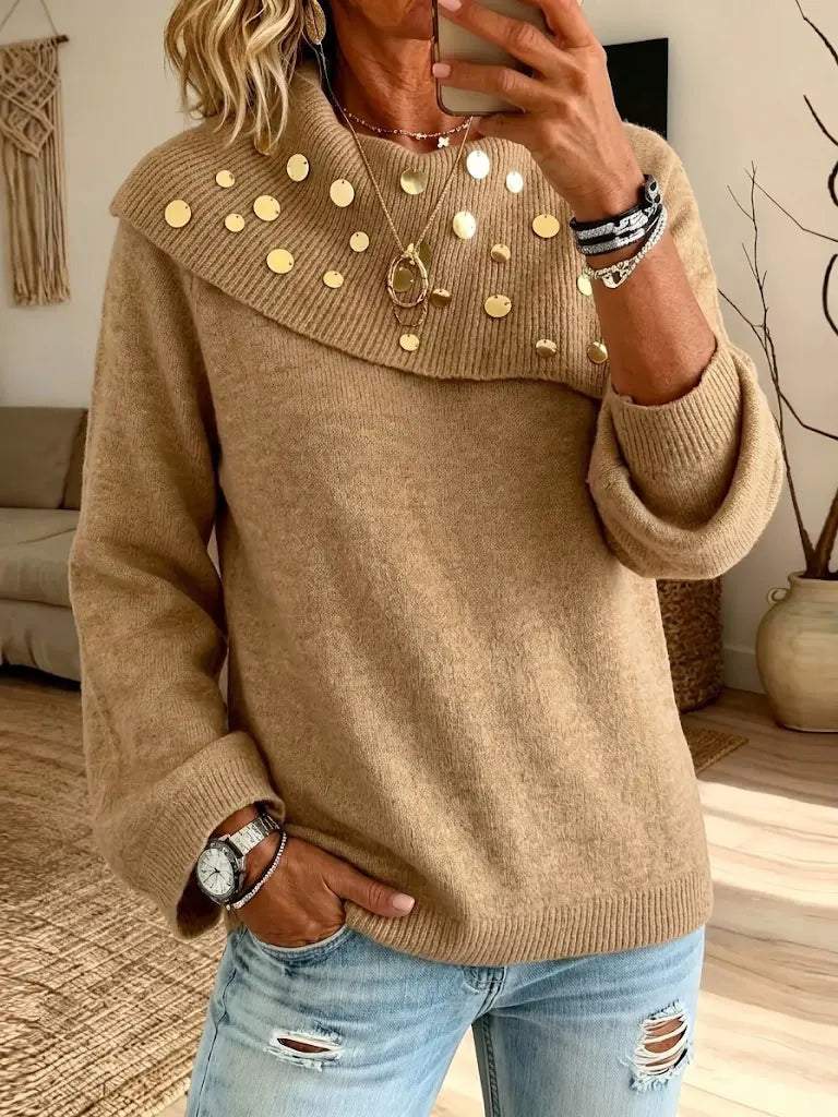 Asymmetrical Gold Sequin Collar Knit Sweater