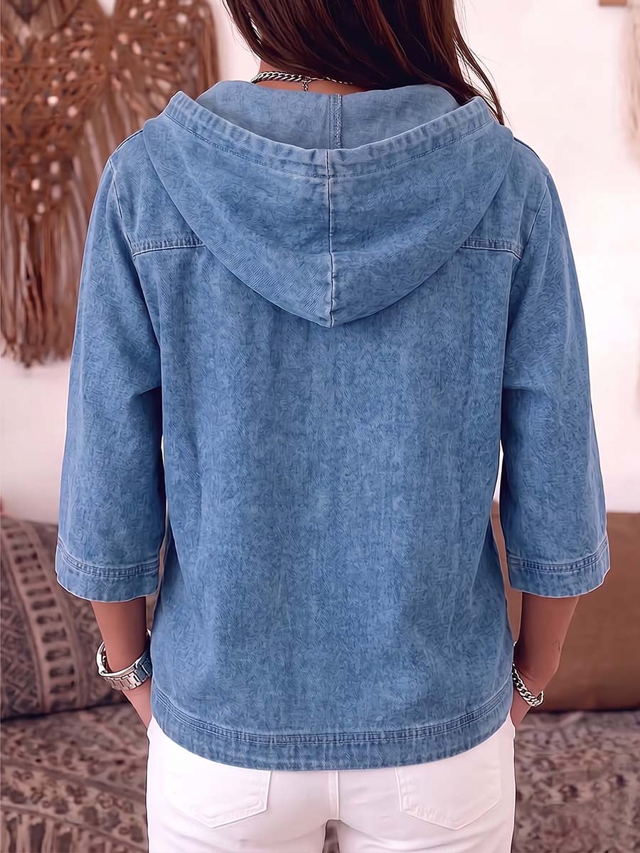Women's Casual Loose-fitting 3/4 Sleeve Hooded Denim Top