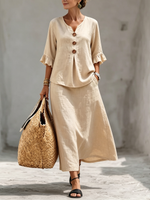 Elegant Resort-style Ruffled Linen-blend Two-piece Set