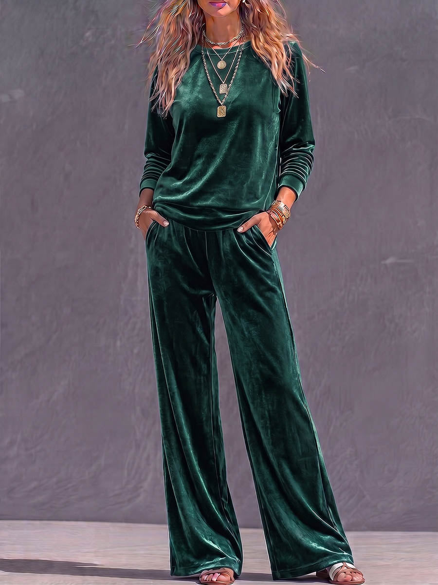 Women's Solid Color Round Neck Long Sleeve Casual Loose Top High Waist Wide Leg Pants Velvet Suit