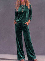 Women's Solid Color Round Neck Long Sleeve Casual Loose Top High Waist Wide Leg Pants Velvet Suit