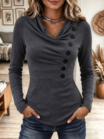 Women's Cowl Neck Long Sleeve Top, Elegant Asymmetric Button Slim Fit Casual Blouse