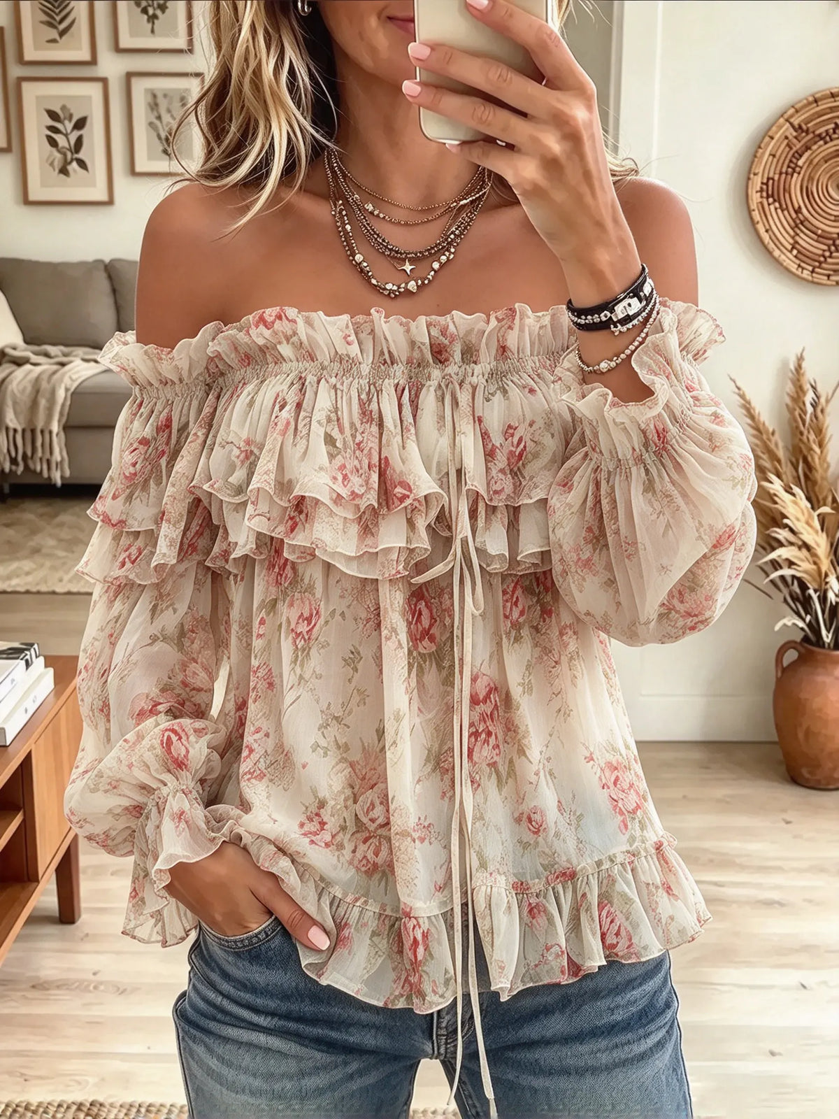 Women's Floral Print Tiered Ruffle Off-Shoulder Top