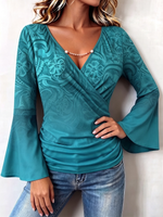 Boho Floral Print V-neck Flared Sleeve Stretch Blouse