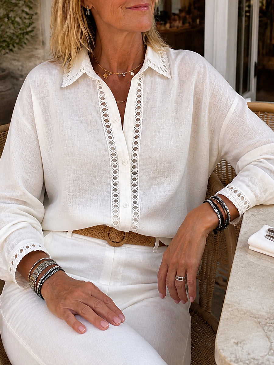 Casual Long-sleeve Linen-cotton Shirt With Spliced cutout Webbing