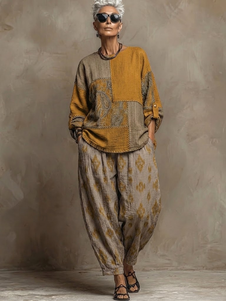 Bohemian Paisley Print Linen And Cotton Two-piece Top And Pants Set
