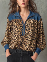 Stylish Casual Denim and Leopard Print Half-Zip Top